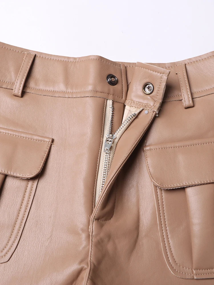 Solid Patchwork Pockets Leather Shorts For Women High Waist Spliced Button Minimalist Temperament Short Pant Female