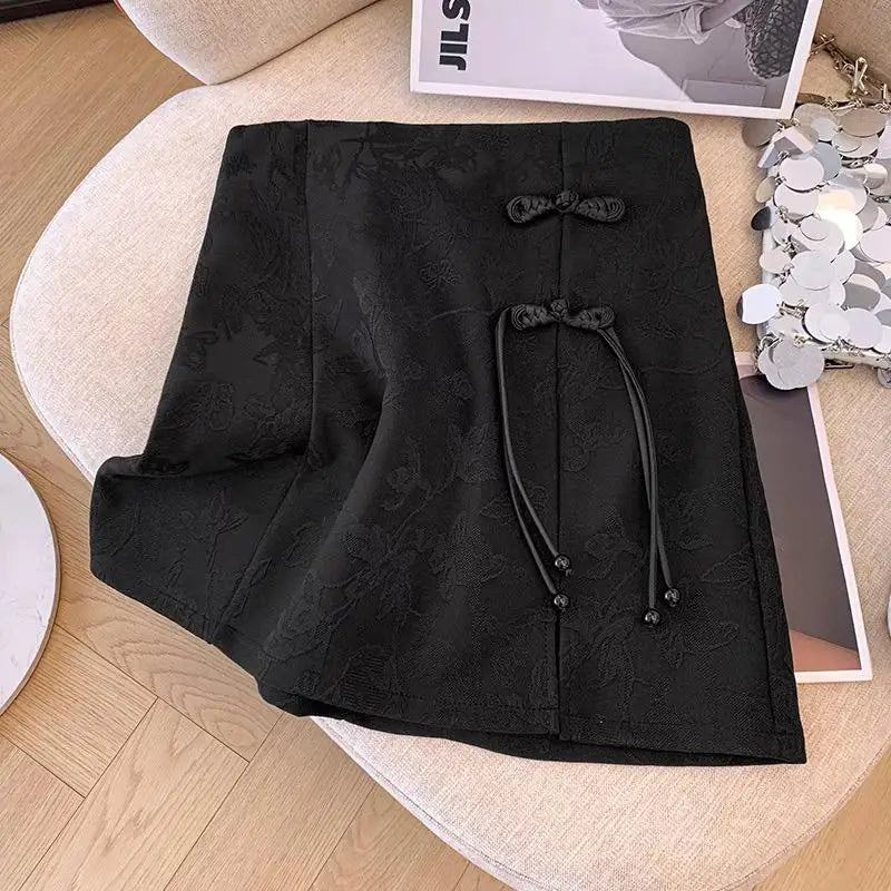 Chinese Style Vintage White Elegant Split Mini Skirt Spring Summer Fashion Black High Waist Party Short Skirt Women Clothing New