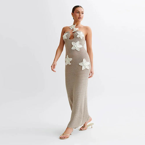 Load image into Gallery viewer, See Through Crochet Floral Knit Sexy Maxi Dress For Women Halter Sleeveless Backless Party Long Dress Beachwear New
