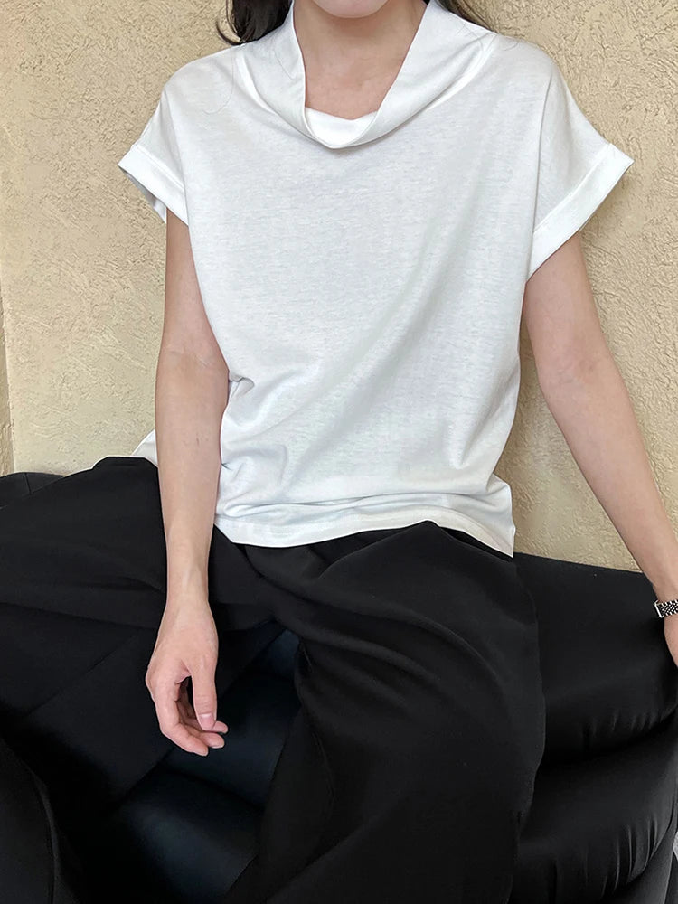 Women Yellow White Plain Color Thin Elegant T-shirt New Turtleneck Short Sleeve Fashion Tide Spring Summer 2025 1DJ0472
