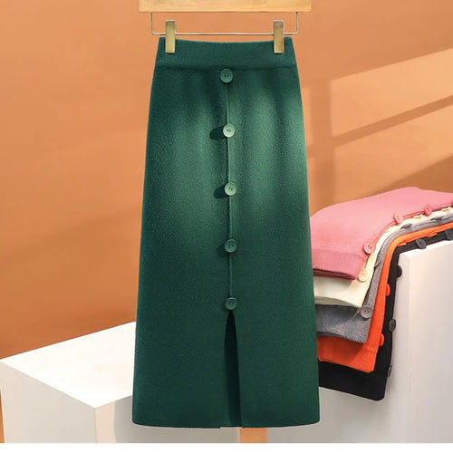 Load image into Gallery viewer, Solid Knit Wrap Hip Skirts Women 2023 Autumn Winter New Fashion Midi Skirt Vintage Casual Elastic High Waist Button Split Skirt
