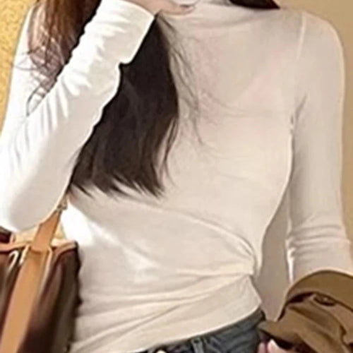 Load image into Gallery viewer, White Long Sleeve Slim Basic Women&#39;s T-shirts Solid Color Fashion High Collar Simple Slight Stretch Chic Female Blouses
