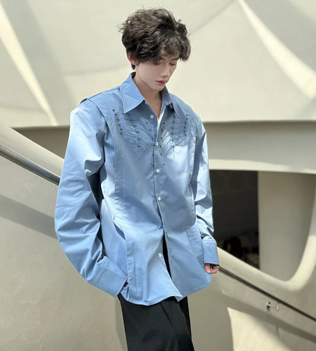 Men's Shirts Long Sleeve New Spring Embroidered Nail Bead Design Turn-down Collar Single Breasted Male Clothing 9W1750