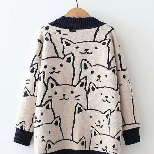 Load image into Gallery viewer, Cartoon Cat knitted cardigans Jumper Autumn Winter Womens Harajuku Sweater coat O-Neck Long Sleeve cardigan
