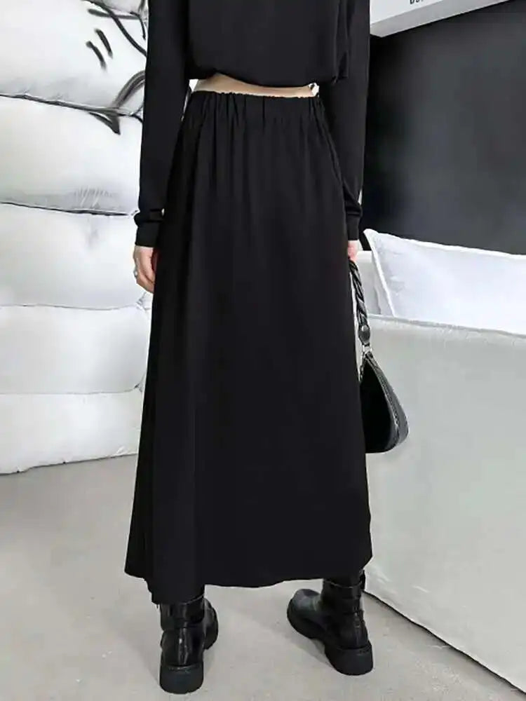 High Elastic Waist Black Zipper Splited A-line Half-body Skirt Loose Women Fashion Tide New Spring Autumn 2025 1DH4445