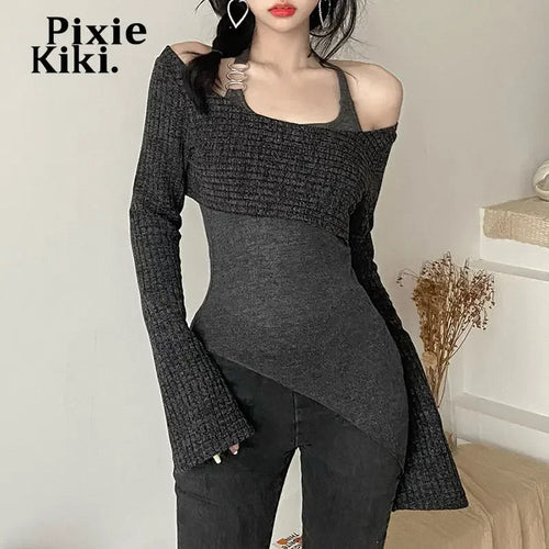 Load image into Gallery viewer, Fashion Y2k Tops Irregular Halter Off Shoulder Long Sleeve Top Grey 2 Piece Set Womens T Shirts Street Clothes P94CH22
