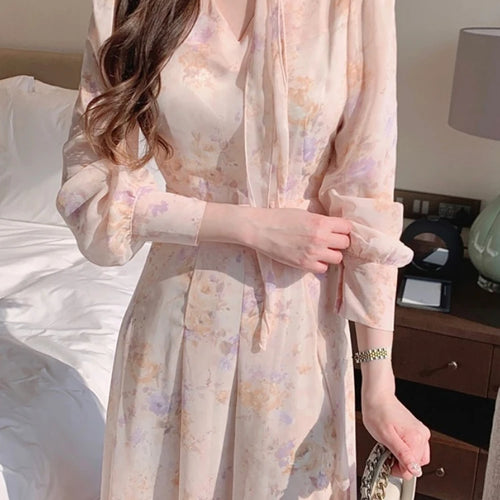 Load image into Gallery viewer, Jielur Spring Elegant V-Neck Midi Dress Female Long Sleeve Slim One Piece Dress Korean Fashion Vintage Floral Chiffon Dress Y2k
