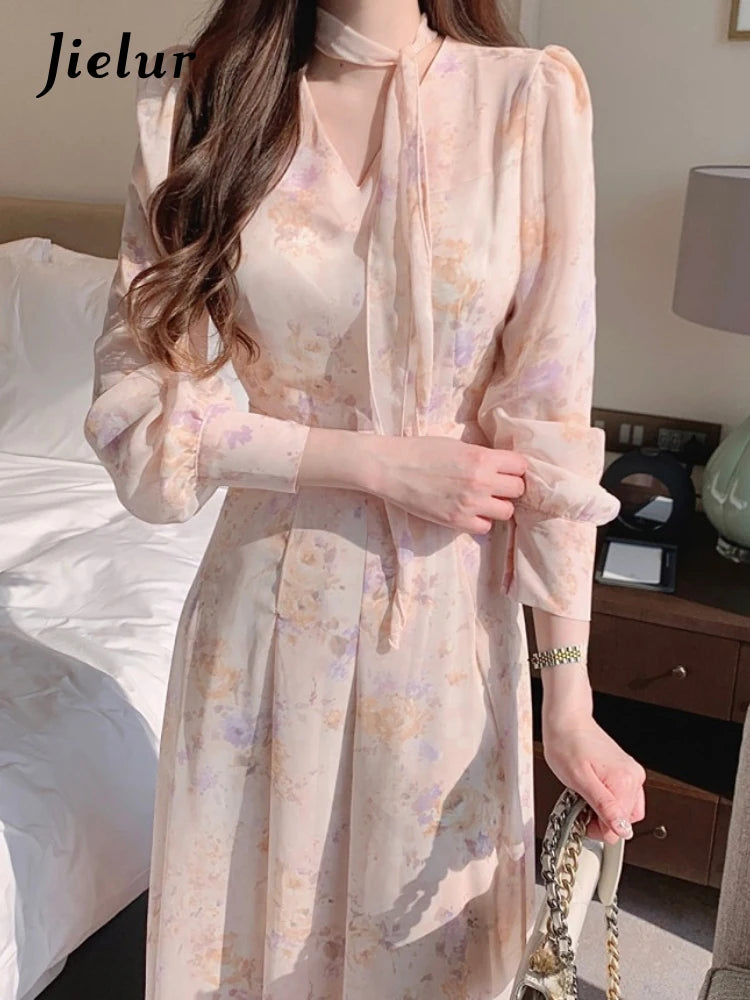 Jielur Spring Elegant V-Neck Midi Dress Female Long Sleeve Slim One Piece Dress Korean Fashion Vintage Floral Chiffon Dress Y2k