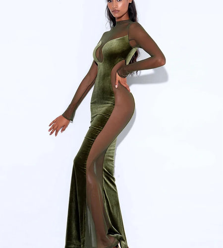 Patchwork Sexy See Through Mesh Women Dress Green Long Sleeve Evening Dress Female Autumn Skinny Elegant Party Clubwear