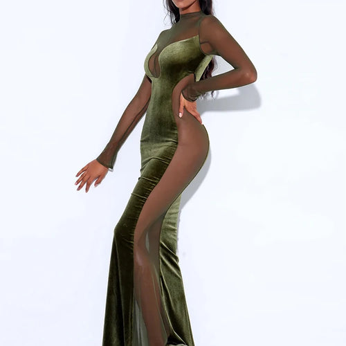 Load image into Gallery viewer, Patchwork Sexy See Through Mesh Women Dress Green Long Sleeve Evening Dress Female Autumn Skinny Elegant Party Clubwear
