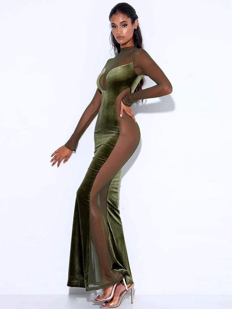 Patchwork Sexy See Through Mesh Women Dress Green Long Sleeve Evening Dress Female Autumn Skinny Elegant Party Clubwear
