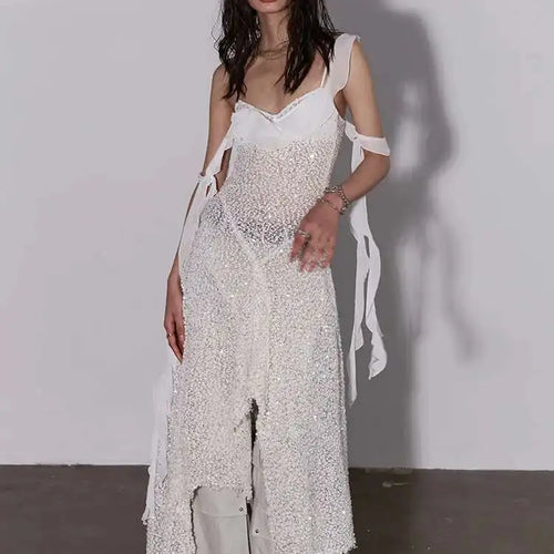 Load image into Gallery viewer, Women Beige Burr Perspective Sequins Irregular Long Spaghetti Strap Dress New Fashion Tide Spring Autumn 2025 1DH4725
