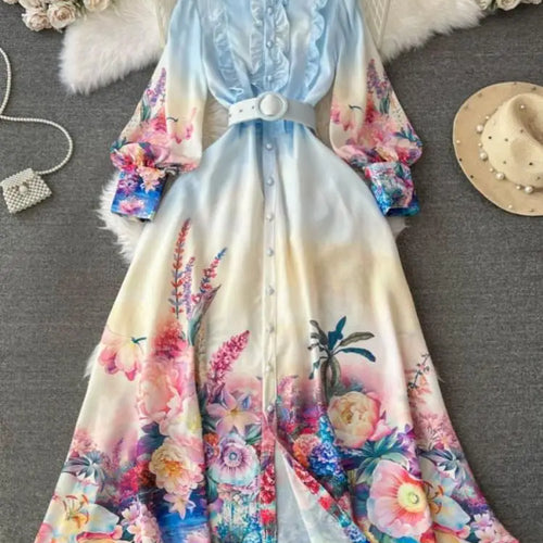 Load image into Gallery viewer, Autumn Retro Fashion Blue Flower Single Breasted Elegant Long Dress Women Stand Neck Long Sleeve Print Boho Evening Party Dress
