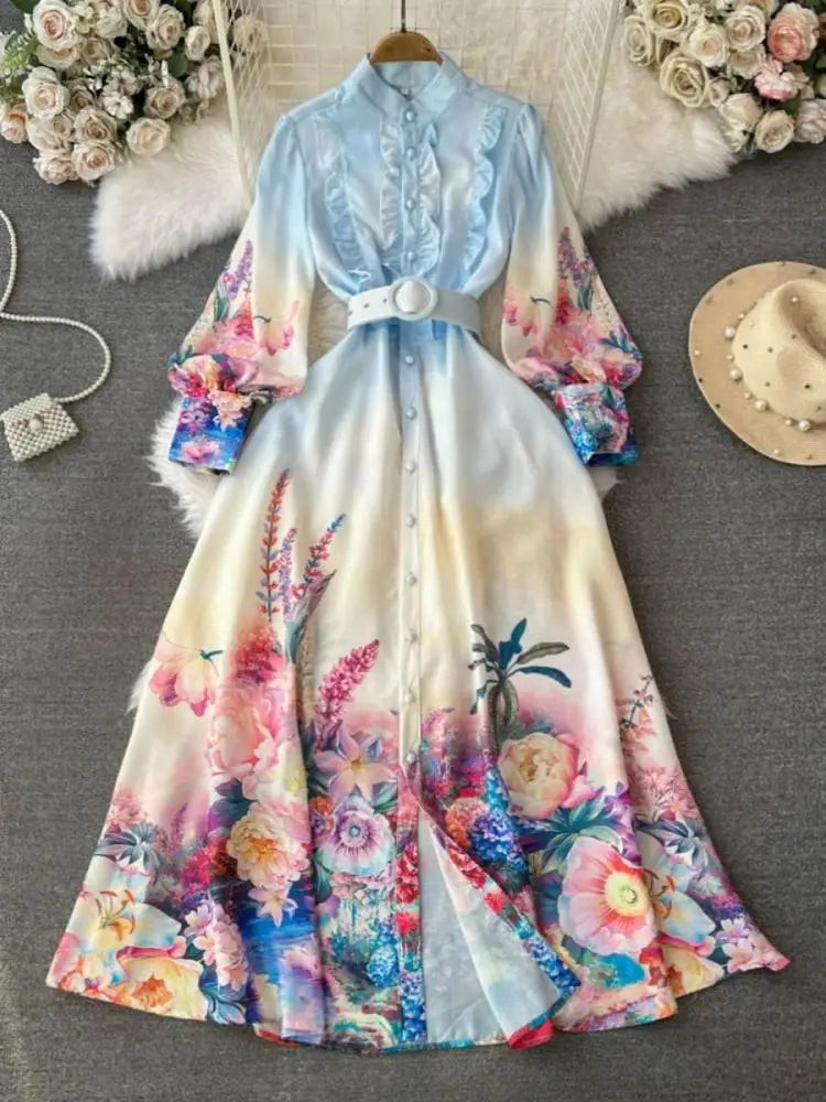 Autumn Retro Fashion Blue Flower Single Breasted Elegant Long Dress Women Stand Neck Long Sleeve Print Boho Evening Party Dress