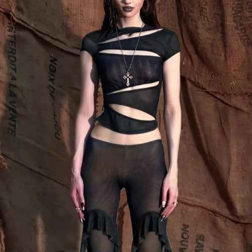 Load image into Gallery viewer, Hollow t-Shirts Women o-Neck Skinny Elasticity Sexy Summer New Trend Midnight Hip-Hop Style Versatile Classic Mini Tops
