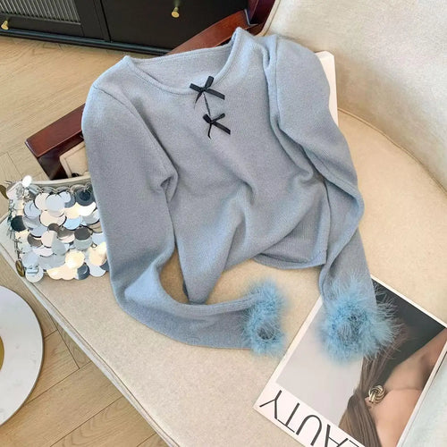 Load image into Gallery viewer, Autumn Winter Blue Bow Long Sleeves Knitted Sweater French Fashion Women's Grey Round Neck Elegant Short Tops Streetwear Trendy
