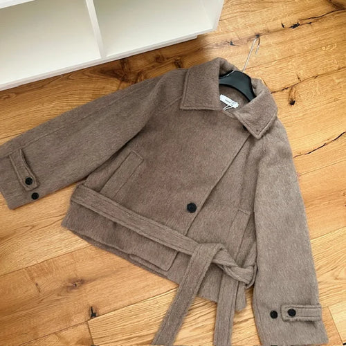Load image into Gallery viewer, Korean Brown Vacation Loose Short Woolen Coat Women 2024 Autumn Winter Fashion Button Bandage Jacket Streetwear Casual Popular
