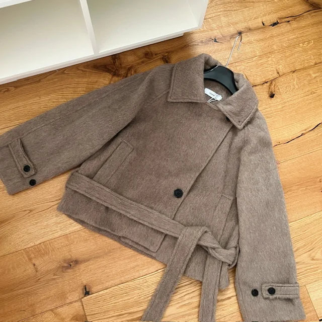 Korean Brown Vacation Loose Short Woolen Coat Women 2024 Autumn Winter Fashion Button Bandage Jacket Streetwear Casual Popular