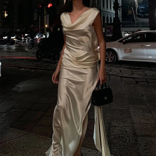 Load image into Gallery viewer, Satin Backless Sexy Maxi Dress For Women Elegant Rose Thigh High Split Beach Holiday Long Dress Gorgeous Club Gown
