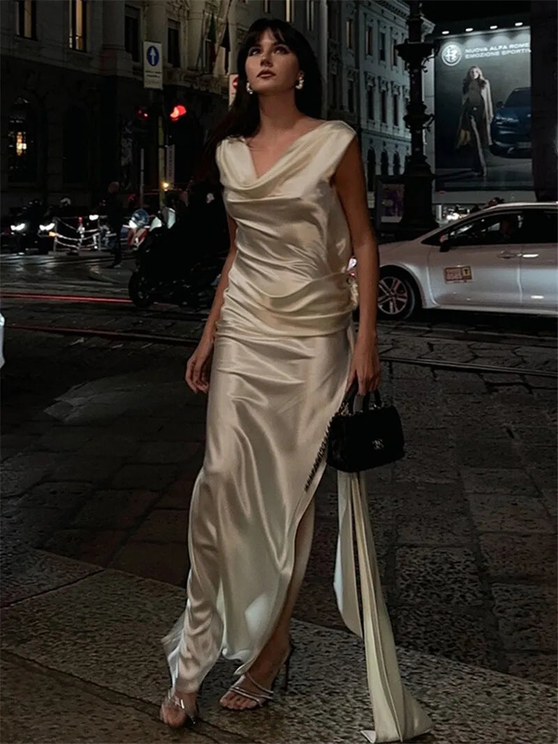 Satin Backless Sexy Maxi Dress For Women Elegant Rose Thigh High Split Beach Holiday Long Dress Gorgeous Club Gown