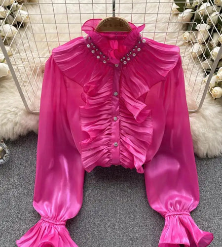 Korean Women Solid Elegant Ruffles Shirt Chic Long Sleeve Lace Ruffles Stand Collar Casual Loose Blouses Tops Autumn Vintage Y2k