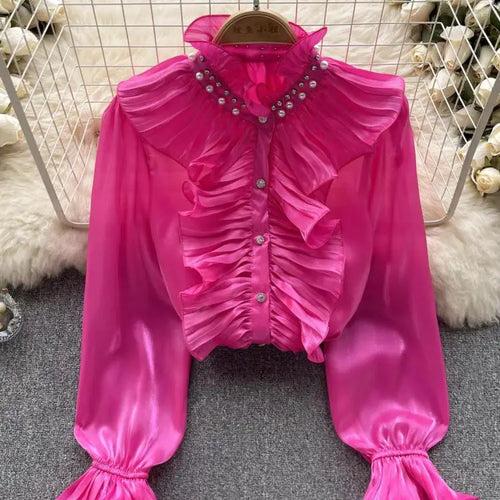 Load image into Gallery viewer, Korean Women Solid Elegant Ruffles Shirt Chic Long Sleeve Lace Ruffles Stand Collar Casual Loose Blouses Tops Autumn Vintage Y2k
