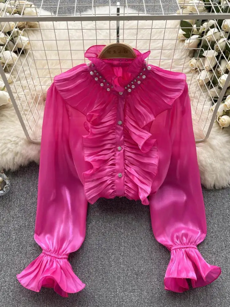 Korean Women Solid Elegant Ruffles Shirt Chic Long Sleeve Lace Ruffles Stand Collar Casual Loose Blouses Tops Autumn Vintage Y2k