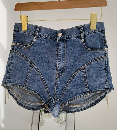 Hit Color Denim Shorts For Women High Waist Patchwork Tassel Mini Summer Denim Short Pants Female Fashion Clothes