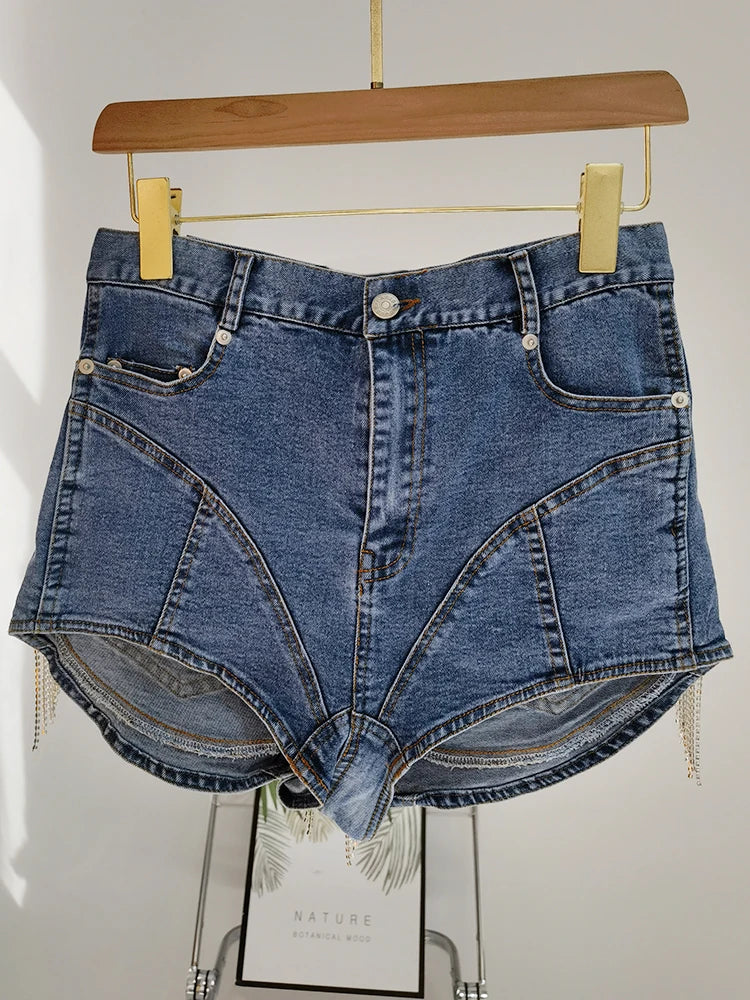 Hit Color Denim Shorts For Women High Waist Patchwork Tassel Mini Summer Denim Short Pants Female Fashion Clothes