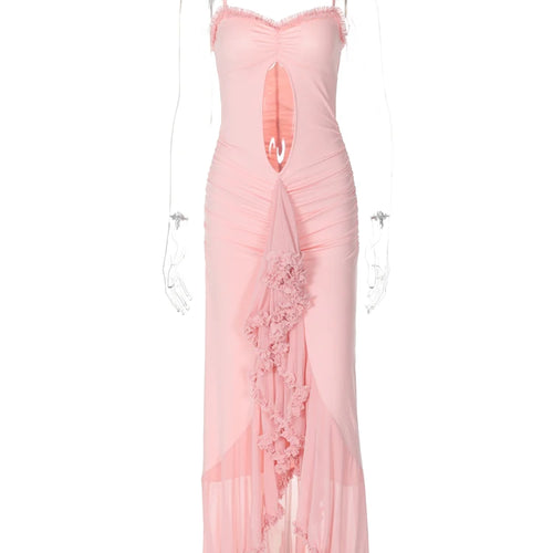 Load image into Gallery viewer, Summer Elegant Solid Slip Ruffles Hollow Out Draped Patchwork Sexy Maxi Dress Slim Women Outfit Birthday Party Festival
