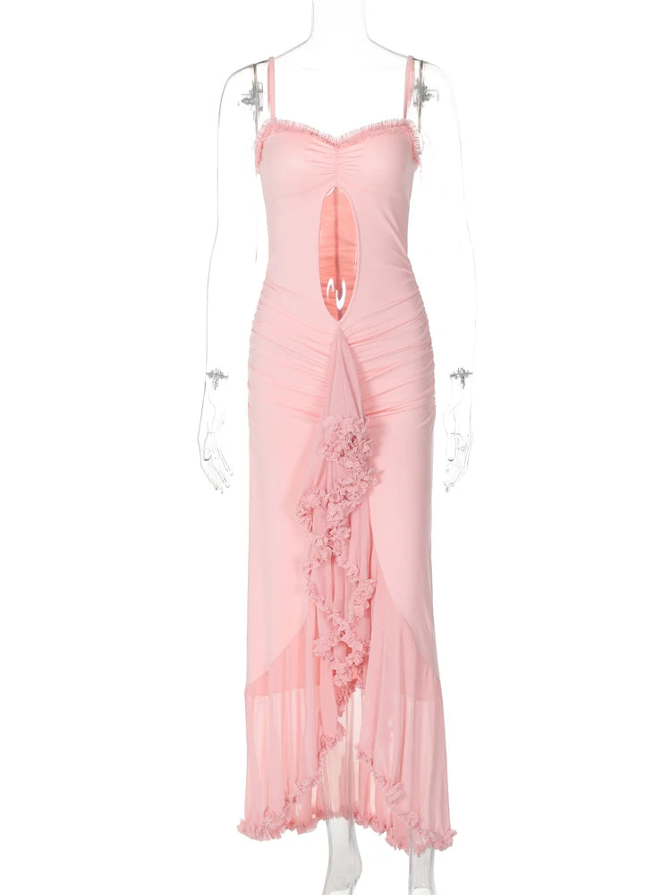 Summer Elegant Solid Slip Ruffles Hollow Out Draped Patchwork Sexy Maxi Dress Slim Women Outfit Birthday Party Festival