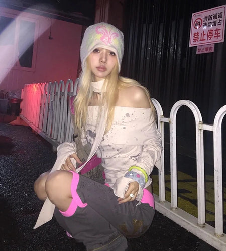 Japanese Y2k Off Shoulder Tops With Scarf Trashy 2000s Style Graffiti Print T-shirt Vintage Harajuku Flare Sleeve Tops