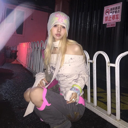 Japanese Y2k Off Shoulder Tops With Scarf Trashy 2000s Style Graffiti Print T-shirt Vintage Harajuku Flare Sleeve Tops