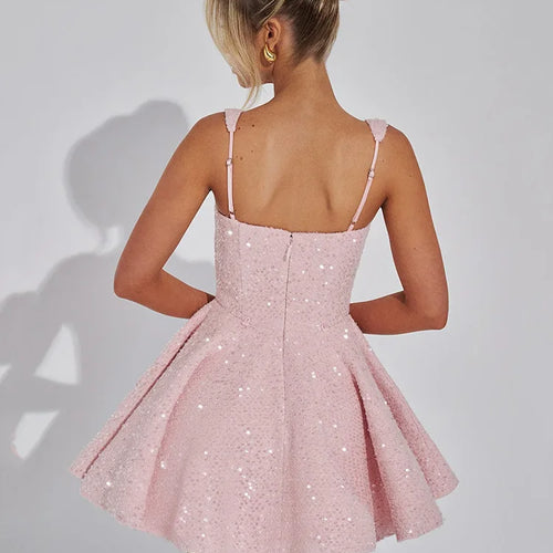 Load image into Gallery viewer, Sequins Bow Backless Sexy Mini Dress For Women Robe Fashion Square Collar Sleeveless High Waist A-line Club Dress
