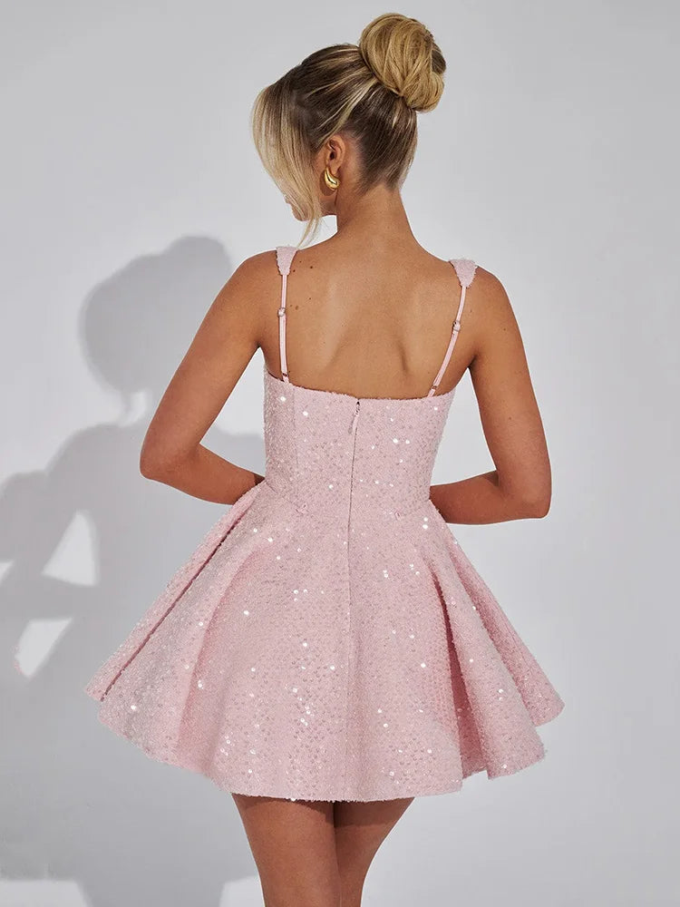 Sequins Bow Backless Sexy Mini Dress For Women Robe Fashion Square Collar Sleeveless High Waist A-line Club Dress
