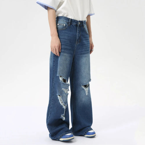 Load image into Gallery viewer, Personality Male Straight Jeans Hole Worn-out Loose Wide Leg Denim Pants Washed Casual Men&#39;s Trousers Summer 9C6281
