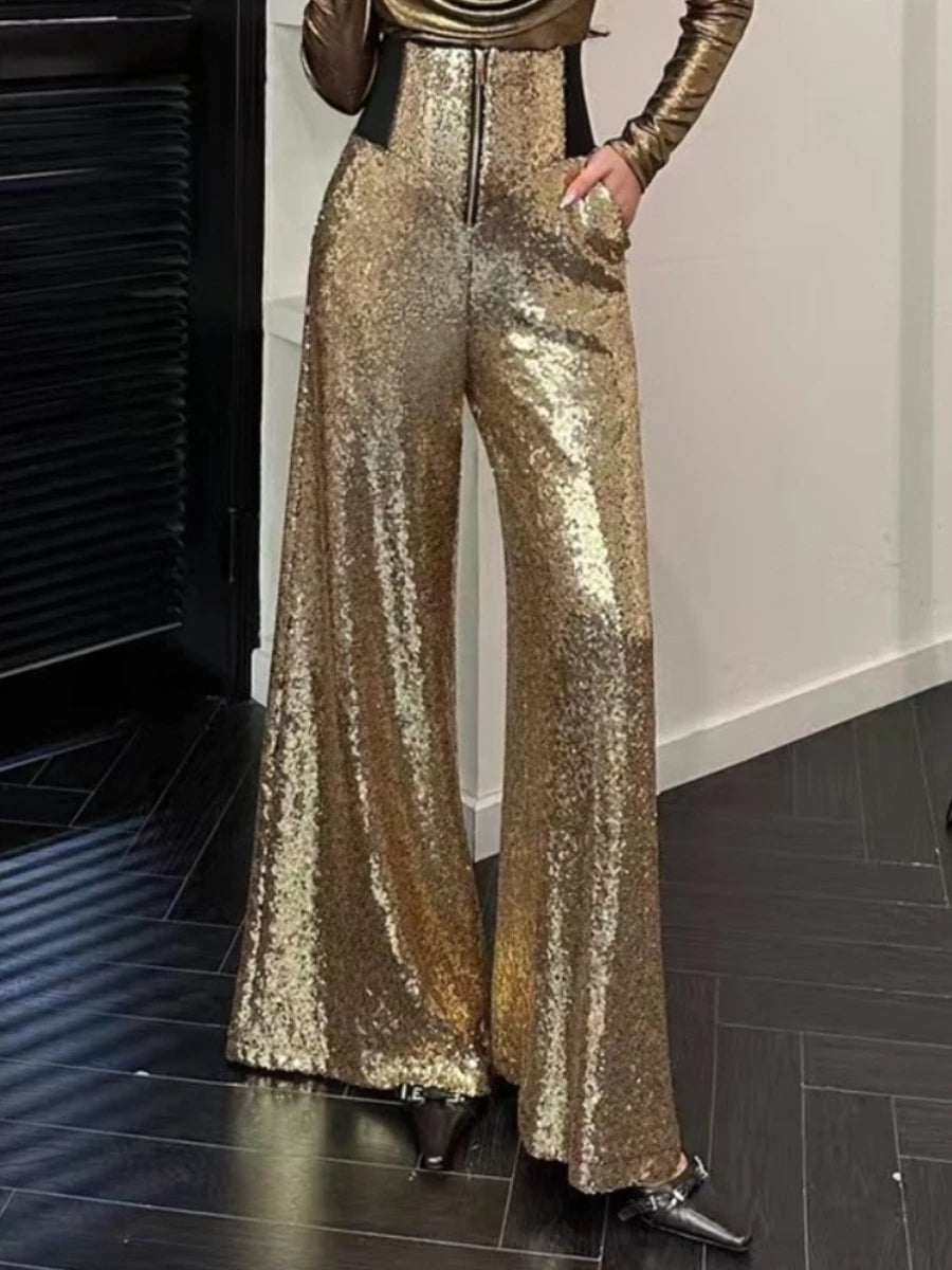 Slimming Spliced Sequins Fashion Long Pants for Women High Waist Patchwork Zipper Wide Leg Pant Female Clothing New