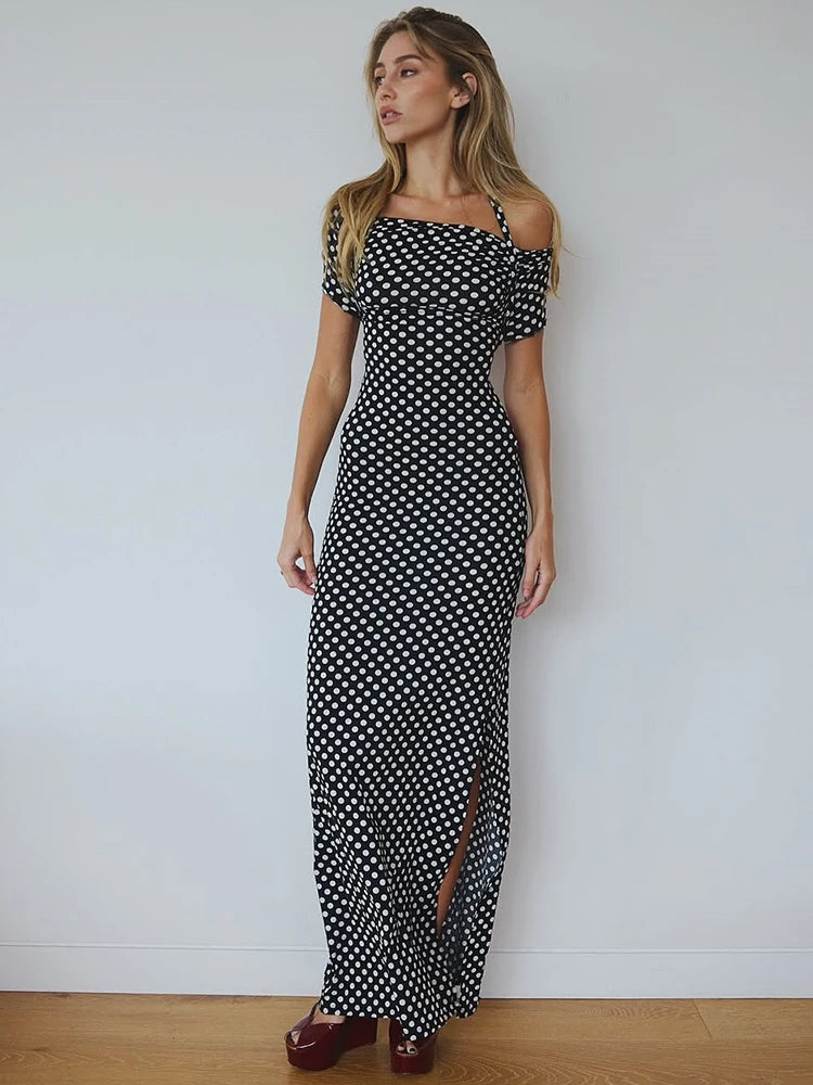 Off-shoulder Polka Dot Maxi Dress For Women Gown Fashion Halter Sleeveless Backless bodycon Split Long Dress Elegant