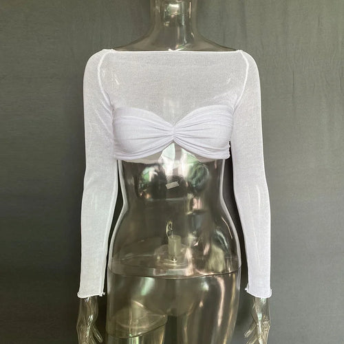 Load image into Gallery viewer, See Through Mesh Crop Top Women Pullovers Strapless Short Knit Cropped Tops Ladies Tee Shirt Sexy Off-shoulder T-shirt
