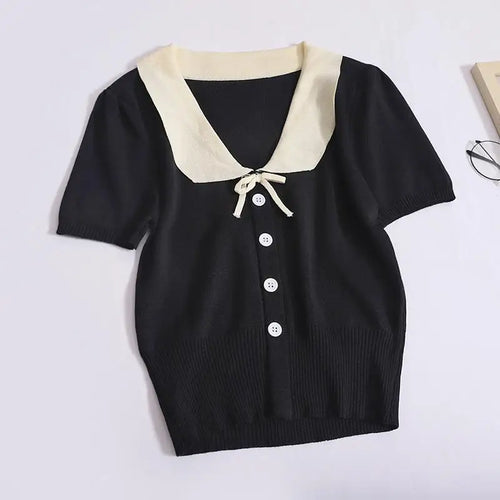 Load image into Gallery viewer, Vintage Women&#39;s Sweet 2024 New Fashion Patchwork Short Sleeve Single Breasted Elegant Knit Tops Summer Lapel Holiday Clothing
