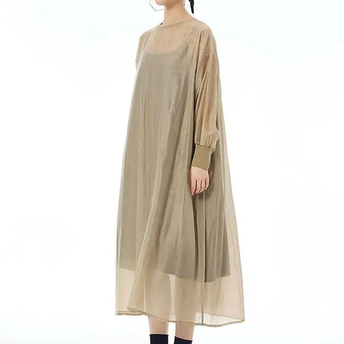 Load image into Gallery viewer, Women Khaki Mesh Perspective Big Size Thin Dress New Round Neck Long Sleeve Fashion Tide Spring Autumn 2025 1DH7412
