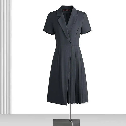 Load image into Gallery viewer, Korean Solid Office Professional Workwear Blazer Dress For Women 2024 Summer Short Sleeve High Waist Vacation Pleated Midi Dress
