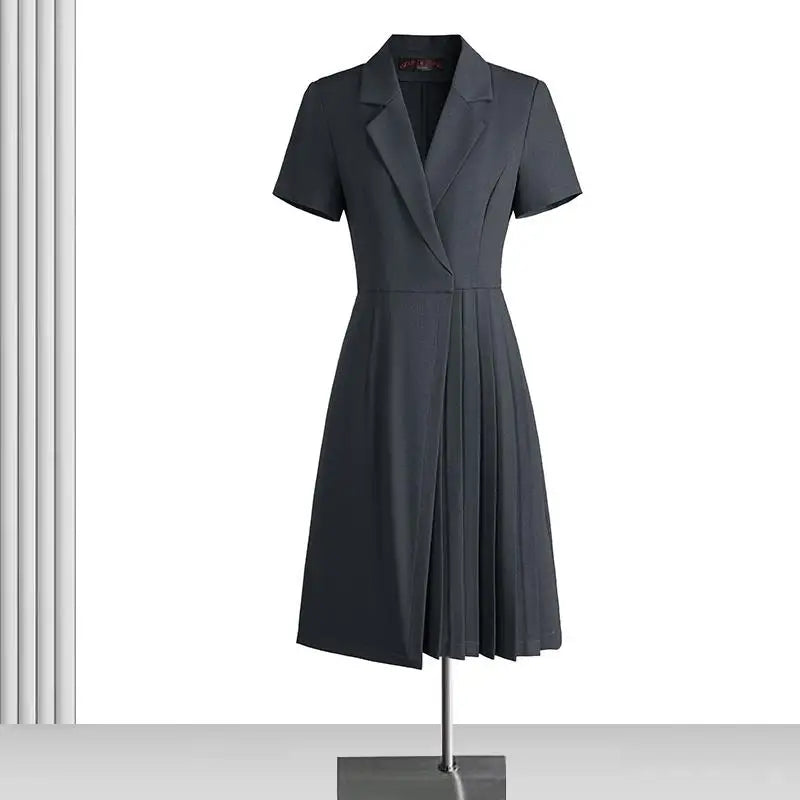 Korean Solid Office Professional Workwear Blazer Dress For Women 2024 Summer Short Sleeve High Waist Vacation Pleated Midi Dress