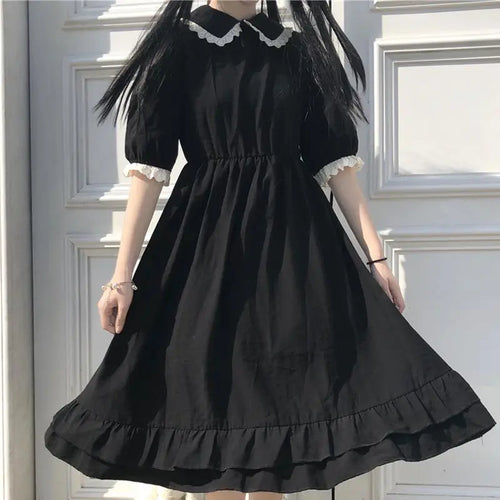 Load image into Gallery viewer, Autumn Black Kawaii Lolita Style Dress Mori Girl Fairy Cute Lolita Peter Pan Collar Puff Sleeve Dress Fashion Women
