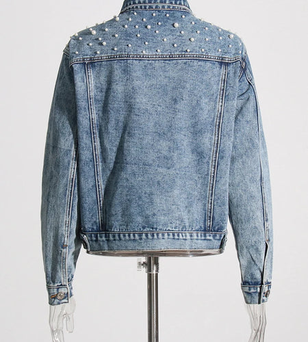Patchwork Pearls Loose Denim Jackets For Women Lapel Long Sleeve Spliced Single Breasted Casual Jacket Female Style