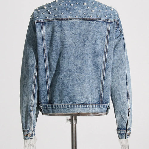 Load image into Gallery viewer, Patchwork Pearls Loose Denim Jackets For Women Lapel Long Sleeve Spliced Single Breasted Casual Jacket Female Style
