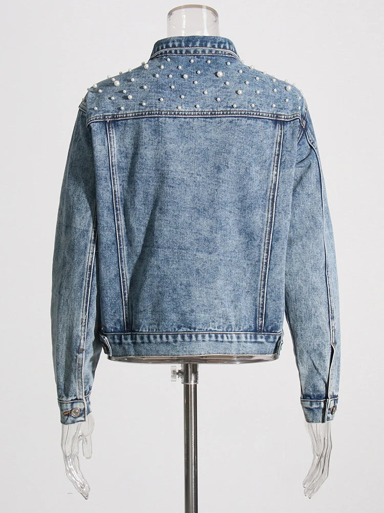 Patchwork Pearls Loose Denim Jackets For Women Lapel Long Sleeve Spliced Single Breasted Casual Jacket Female Style