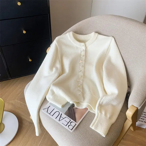 Load image into Gallery viewer, Autumn Winter Sweet Retro Red Bow Pearl Button Knit Cardigan Tops French Fashion Women White Single Breasted Long Sleeve Sweater

