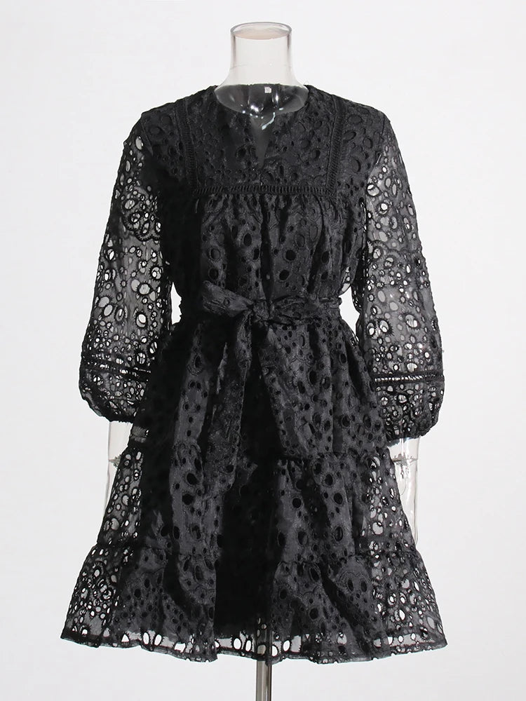 Elegant Embroidery Dresses For Women Round Neck Lantern Sleeve High Waist Solid Mini Folds Dress Female 2023 Fashion New