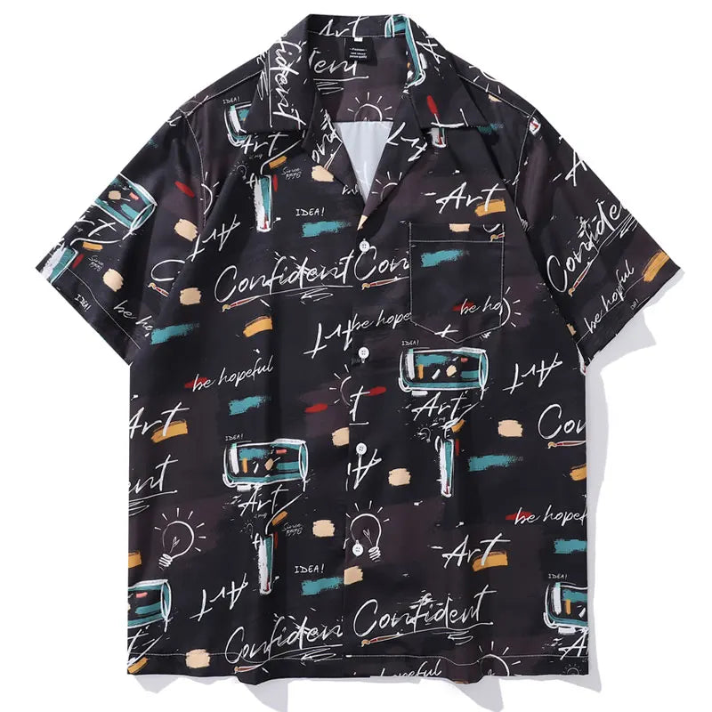 Vintage Hawaiian Shirts Men Graffiti Graphic Printed Summer Beach Blouse Hip Hop Harajuku Baggy Short Sleeve Button Up Tops
